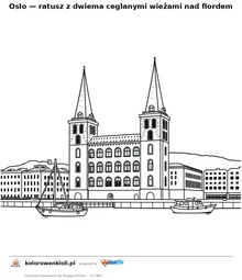 Oslo — ratusz z dwiema ceglanymi wieżami nad fiordem — kolorowanka do wydruku dla dzieci