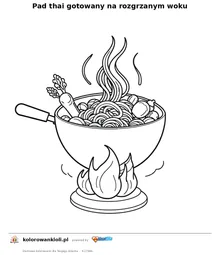 Pad thai gotowany na rozgrzanym woku — kolorowanka do wydruku dla dzieci