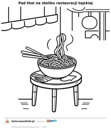 Pad thai na stoliku restauracji tajskiej — kolorowanka do wydruku dla dzieci