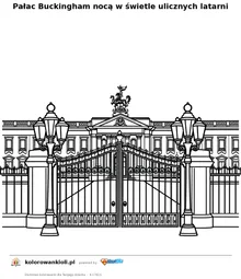 Pałac Buckingham nocą w świetle ulicznych latarni — kolorowanka do wydruku dla dzieci