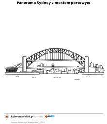 Panorama Sydney z mostem portowym — kolorowanka do wydruku dla dzieci