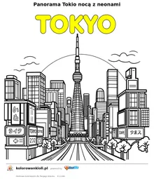Panorama Tokio nocą z neonami — kolorowanka do wydruku dla dzieci