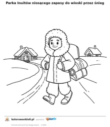 Parka Inuitów niosącego zapasy do wioski przez śnieg — kolorowanka do wydruku dla dzieci
