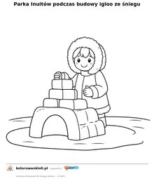 Parka Inuitów podczas budowy igloo ze śniegu — kolorowanka do wydruku dla dzieci