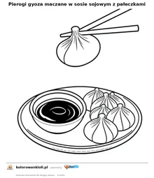 Pierogi gyoza maczane w sosie sojowym z pałeczkami — kolorowanka do wydruku dla dzieci