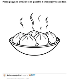 Pierogi gyoza smażone na patelni z chrupiącym spodem — kolorowanka do wydruku dla dzieci