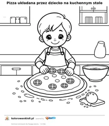 Pizza układana przez dziecko na kuchennym stole — kolorowanka do wydruku dla dzieci