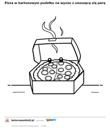 Pizza w kartonowym pudełku na wynos z unoszącą się parą — kolorowanka do wydruku dla dzieci