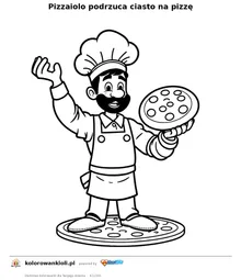 Pizzaiolo podrzuca ciasto na pizze — kolorowanka do wydruku dla dzieci