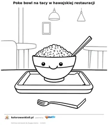 Poke bowl na tacy w hawajskiej restauracji — kolorowanka do wydruku dla dzieci