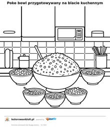 Poke bowl przygotowywany na blacie kuchennym — kolorowanka do wydruku dla dzieci