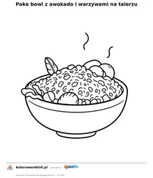 Poke bowl z awokado i warzywami na talerzu — kolorowanka do wydruku dla dzieci