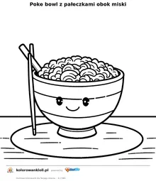 Poke bowl z pałeczkami obok miski — kolorowanka do wydruku dla dzieci