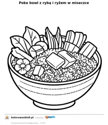 Poke bowl z rybą i ryżem w miseczce — kolorowanka do wydruku dla dzieci
