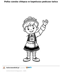 Polka czeska chłopca w kapeluszu podczas tańca — kolorowanka do wydruku dla dzieci