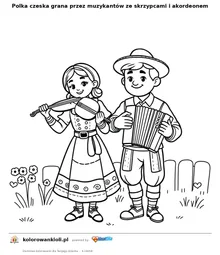 Polka czeska grana przez muzykantów ze skrzypcami i akordeonem — kolorowanka do wydruku dla dzieci