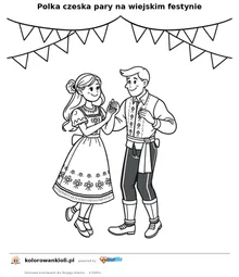 Polka czeska pary na wiejskim festynie — kolorowanka do wydruku dla dzieci
