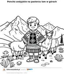 Poncho andyjskie na pasterzu lam w górach — kolorowanka do wydruku dla dzieci