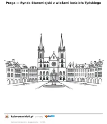 Praga — Rynek Staromiejski z wieżami kościoła Tyńskiego — kolorowanka do wydruku dla dzieci