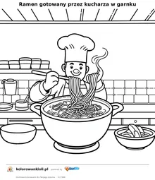 Ramen gotowany przez kucharza w garnku — kolorowanka do wydruku dla dzieci
