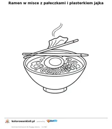 Ramen w misce z pałeczkami i plasterkiem jajka — kolorowanka do wydruku dla dzieci