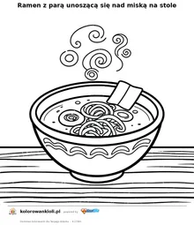 Ramen z parą unoszącą się nad miską na stole — kolorowanka do wydruku dla dzieci