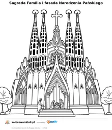 Sagrada Família i fasada Narodzenia Pańskiego — kolorowanka do wydruku dla dzieci