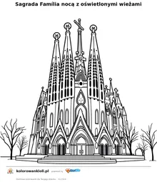 Sagrada Família nocą z oświetlonymi wieżami — kolorowanka do wydruku dla dzieci
