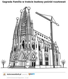 Sagrada Família w trakcie budowy pośród rusztowań — kolorowanka do wydruku dla dzieci