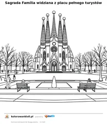 Sagrada Família widziana z placu pełnego turystów — kolorowanka do wydruku dla dzieci
