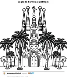 Sagrada Familia z palmami — kolorowanka do wydruku dla dzieci