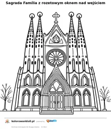 Sagrada Família z rozetowym oknem nad wejściem — kolorowanka do wydruku dla dzieci