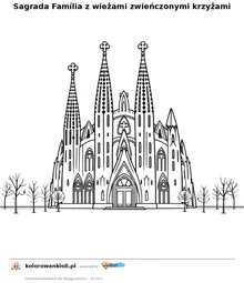 Sagrada Família z wieżami zwieńczonymi krzyżami — kolorowanka do wydruku dla dzieci