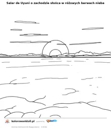 Salar de Uyuni o zachodzie słońca w różowych barwach nieba — kolorowanka do wydruku dla dzieci