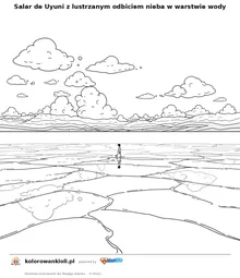 Salar de Uyuni z lustrzanym odbiciem nieba w warstwie wody — kolorowanka do wydruku dla dzieci