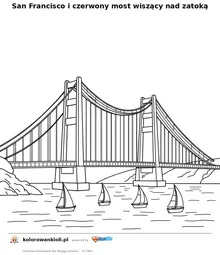 San Francisco i czerwony most wiszący nad zatoką — kolorowanka do wydruku dla dzieci