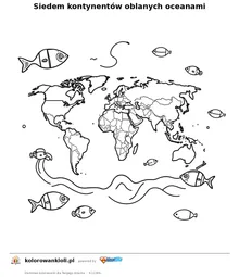 Siedem kontynentow oblanych oceanami — kolorowanka do wydruku dla dzieci