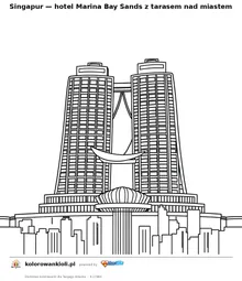 Singapur — hotel Marina Bay Sands z tarasem nad miastem — kolorowanka do wydruku dla dzieci