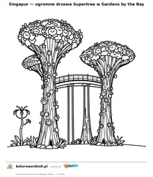 Singapur — ogromne drzewa Supertree w Gardens by the Bay — kolorowanka do wydruku dla dzieci