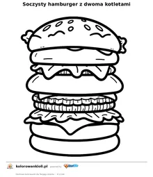 Soczysty hamburger z dwoma kotletami — kolorowanka do wydruku dla dzieci