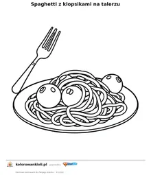Spaghetti z klopsikami na talerzu — kolorowanka do wydruku dla dzieci