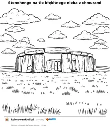 Stonehenge na tle błękitnego nieba z chmurami — kolorowanka do wydruku dla dzieci