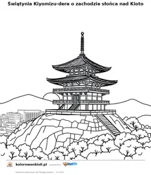 Świątynia Kiyomizu-dera o zachodzie słońca nad Kioto — kolorowanka do wydruku dla dzieci
