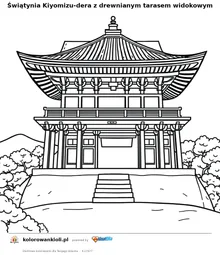 Świątynia Kiyomizu-dera z drewnianym tarasem widokowym — kolorowanka do wydruku dla dzieci