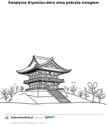 Świątynia Kiyomizu-dera zimą pokryta śniegiem — kolorowanka do wydruku dla dzieci