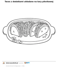 Tacos z dodatkami układane na tacy piknikowej — kolorowanka do wydruku dla dzieci