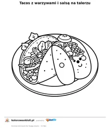 Tacos z warzywami i salsą na talerzu — kolorowanka do wydruku dla dzieci