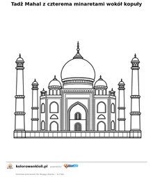 Tadż Mahal z czterema minaretami wokół kopuły — kolorowanka do wydruku dla dzieci