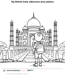 Taj Mahal maly odkrywca przy palacu — kolorowanka do wydruku dla dzieci