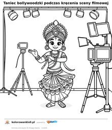 Taniec bollywoodzki podczas kręcenia sceny filmowej — kolorowanka do wydruku dla dzieci